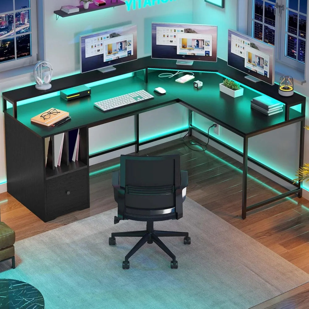 L Shaped Desk with Power Outlets LED Lights File Drawer Home Office