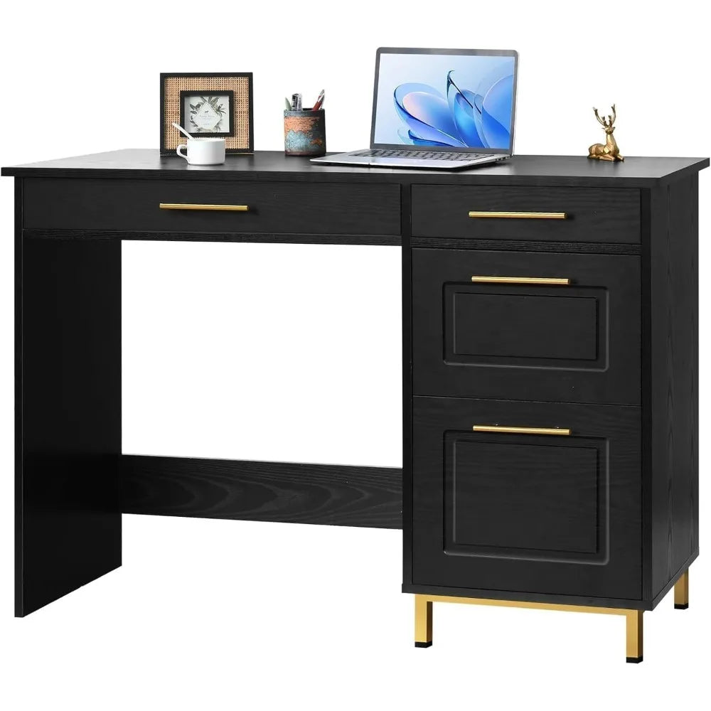 Modern Black Desk with Drawers and Golden Handles for Home Office