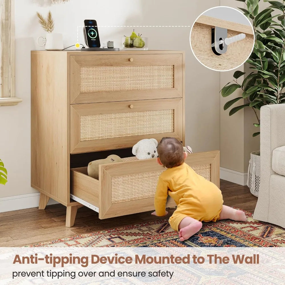 Rattan Nightstand with Charging Station 3 Large Drawers Boho Style