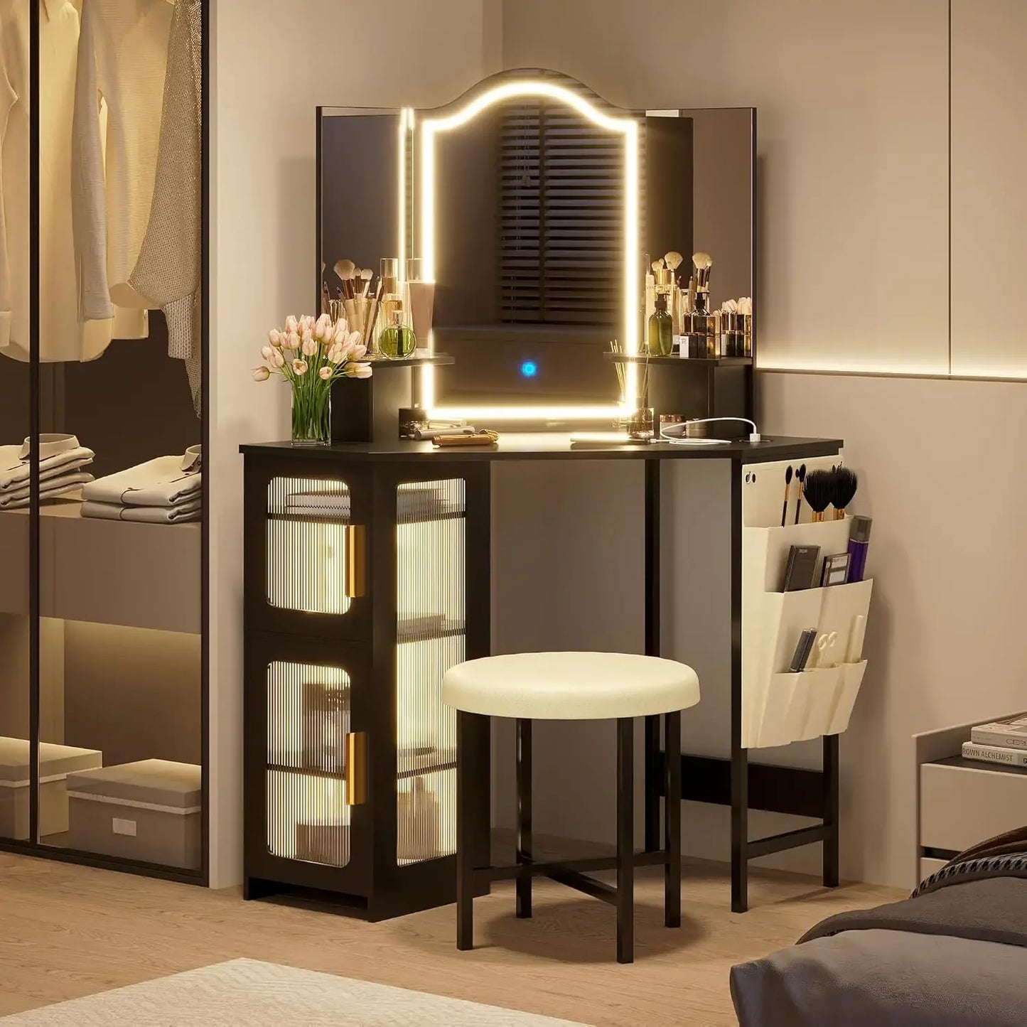 Corner Vanity Desk with Mirror LED Lights Makeup Charging Station