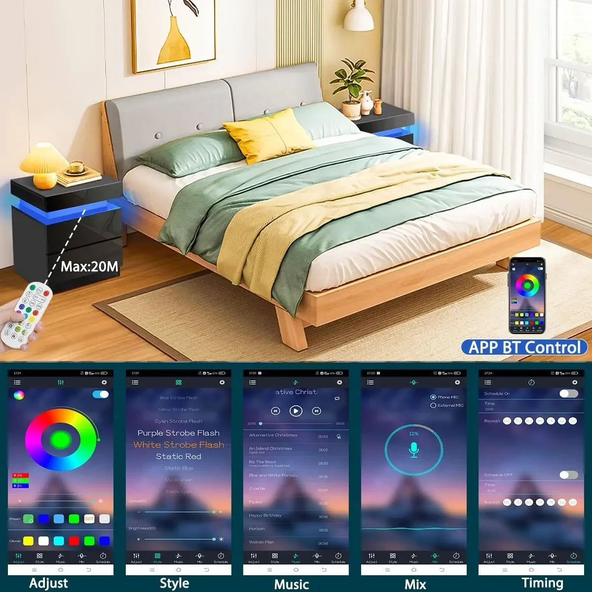 LED Nightstand Modern Night Stand with 2 Drawers and Smart Lighting