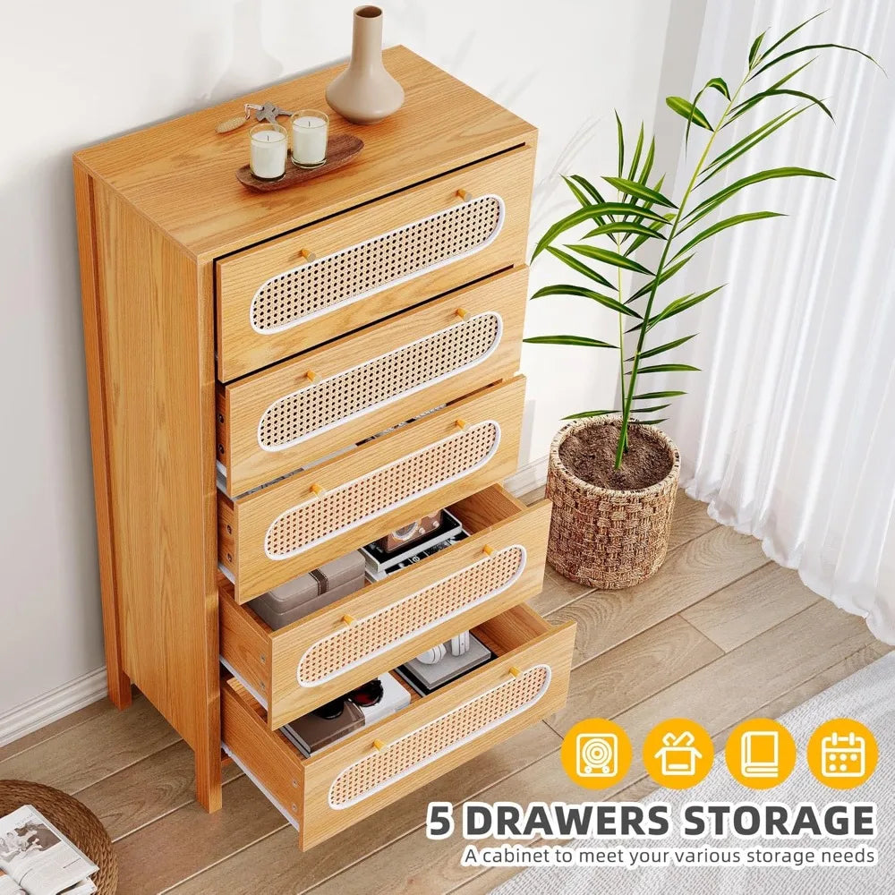 47 Inch Tall Rattan 5 Drawer Dresser Boho Storage Chest of Drawers