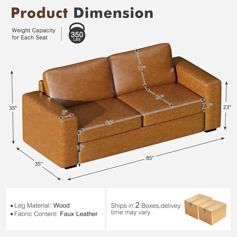 85 Inch Faux Leather Couch Mid Century Modern Deep Seat Sofa