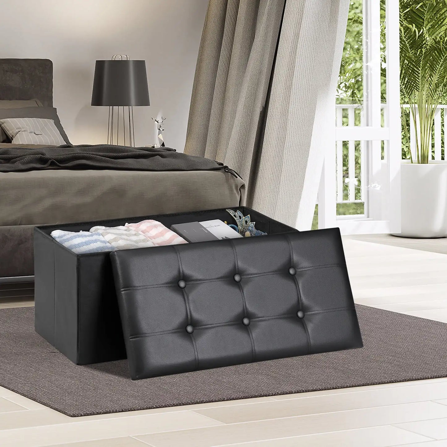Folding Storage Ottoman Bench Faux Leather Footrest 350 lbs Capacity