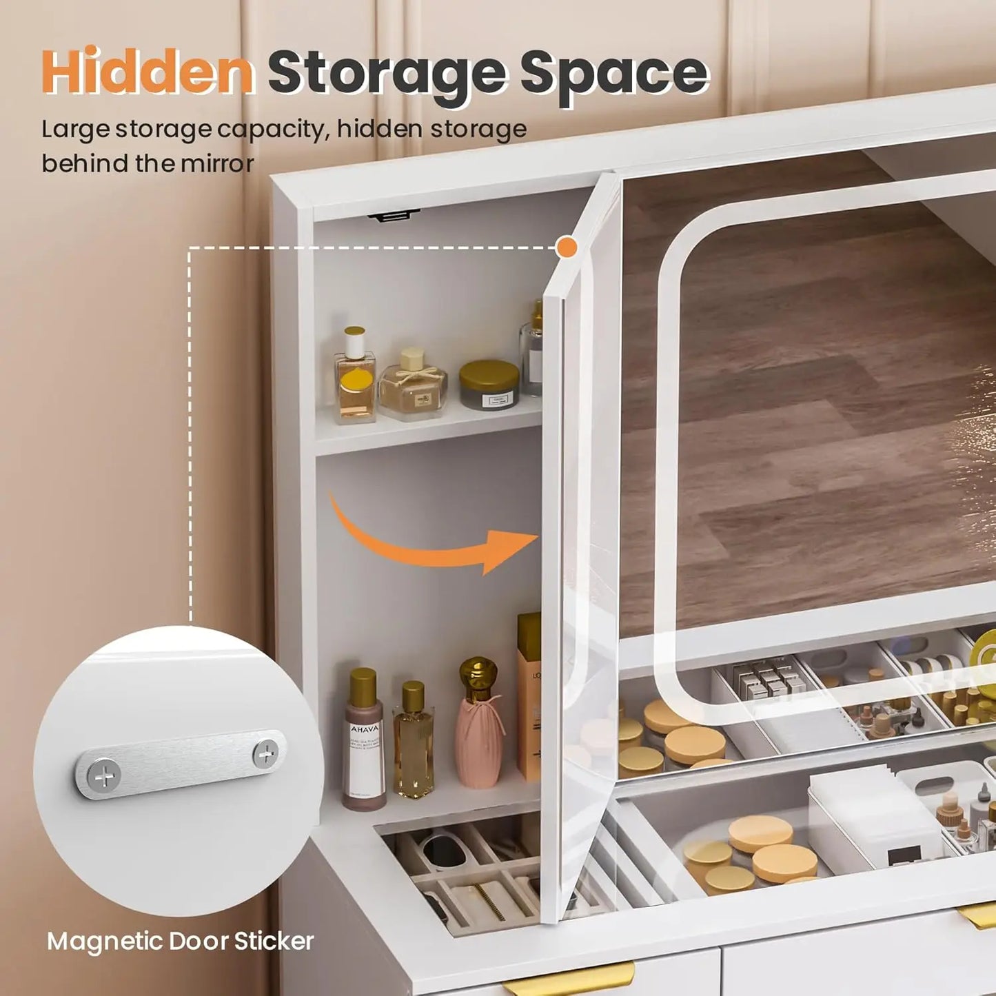 11 Drawer Vanity Desk with Foldable Mirror LED Lights and Gold Handles