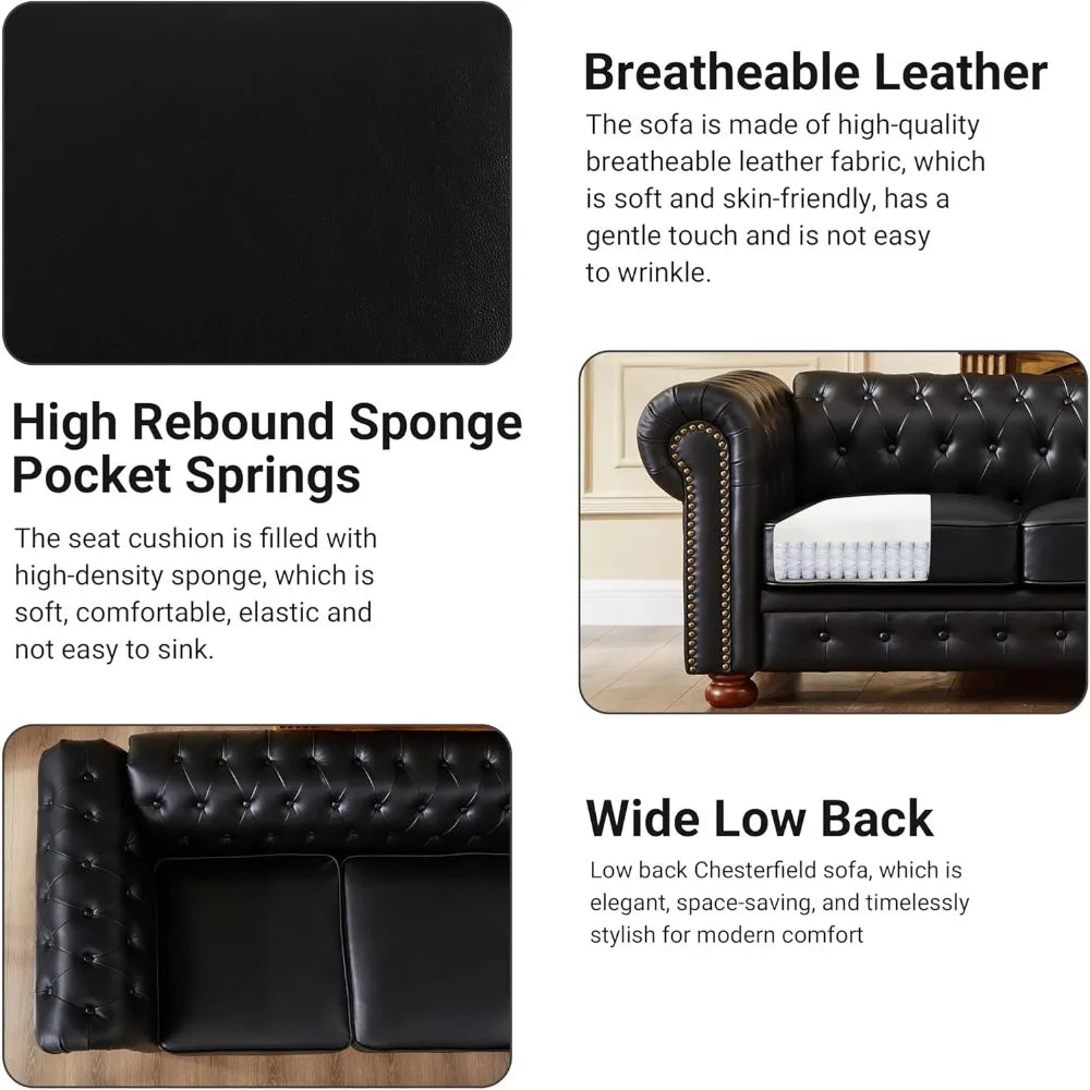 Chesterfield Leather Sofa 89 Inch Mid Century Modern Couch 3 Seater