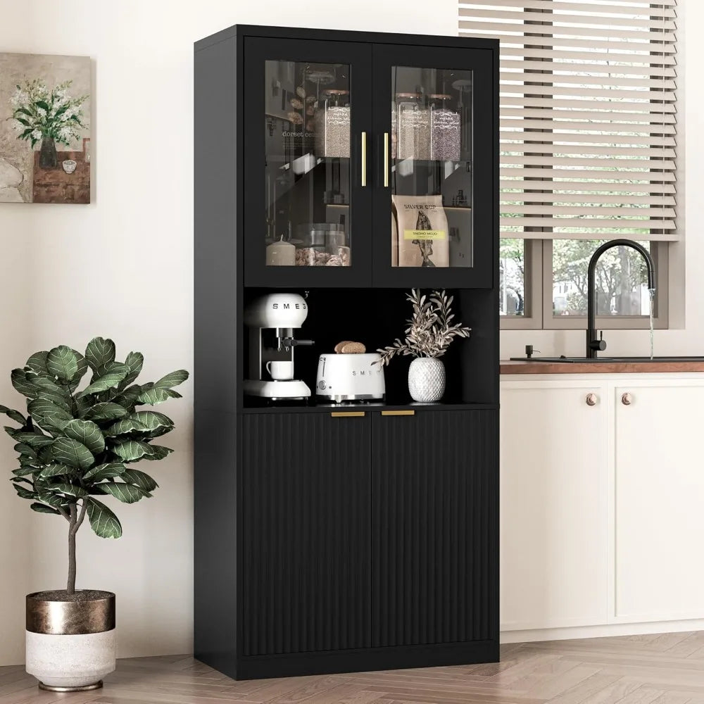 71 Inch Tall Kitchen Pantry Cabinet Fluted Storage with Glass Doors