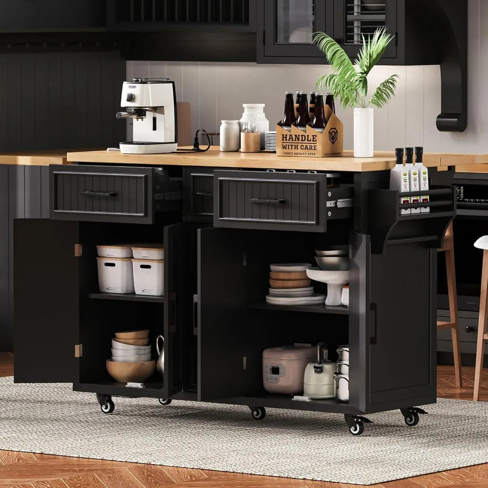 Kitchen Island with Drop Leaf Power Outlet Storage on Wheels