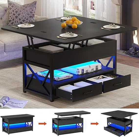40 Inch Lift Top Coffee Table with Storage LED Light Farmhouse Design