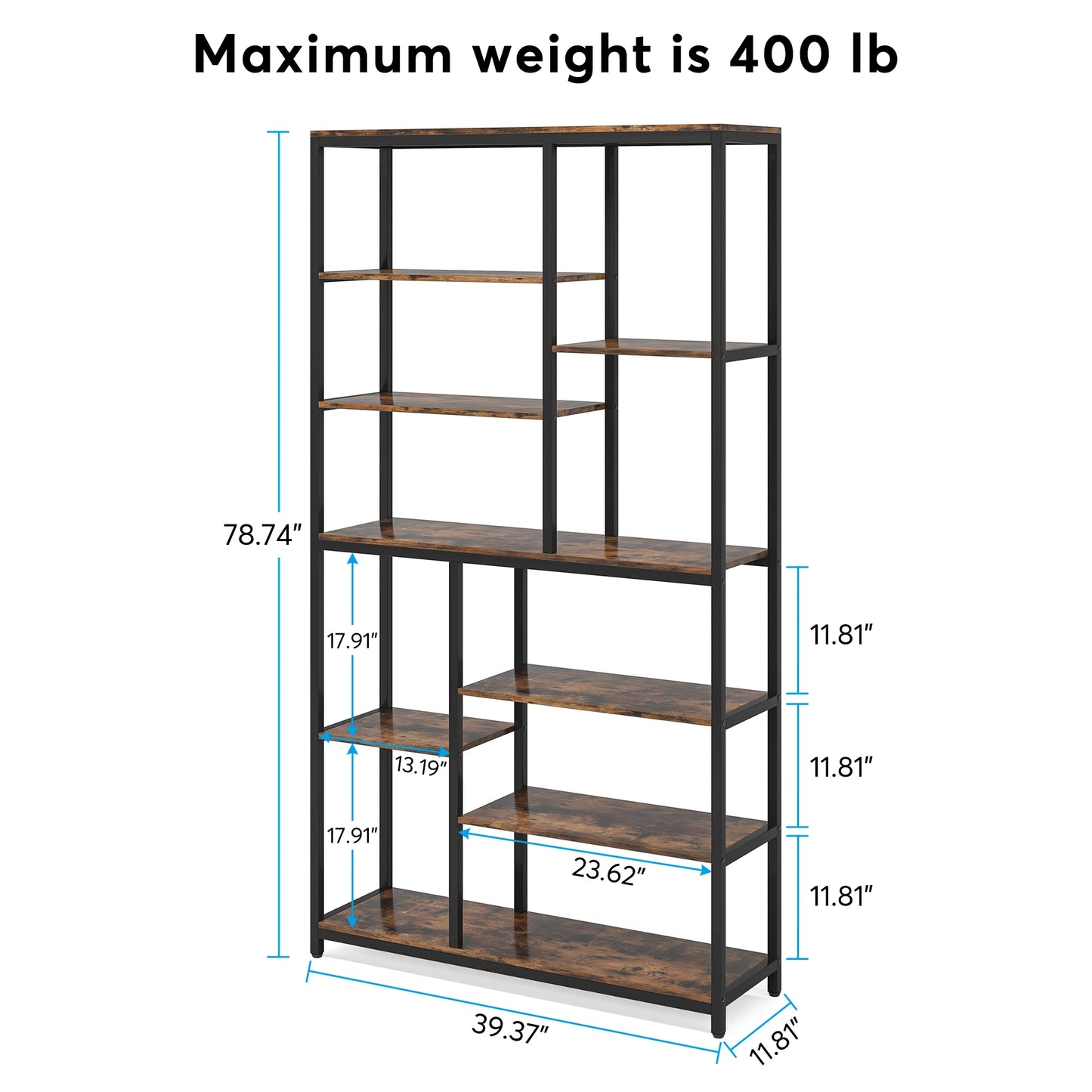 Ljustra Modern 8-Tier Staggered Bookcase Wide Wood Etagere Shelving Unit