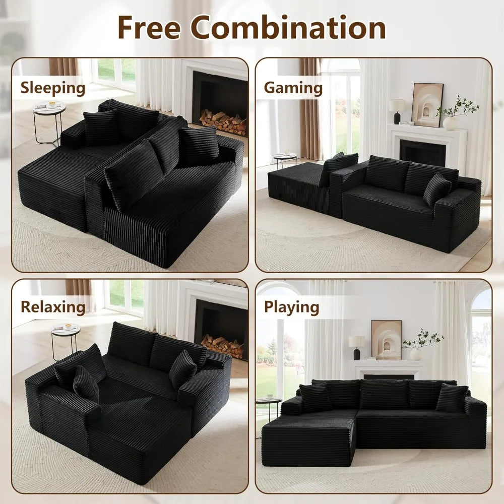 Black Corduroy Modular Sectional Couch Fluffy Cloud Living Room Sofa