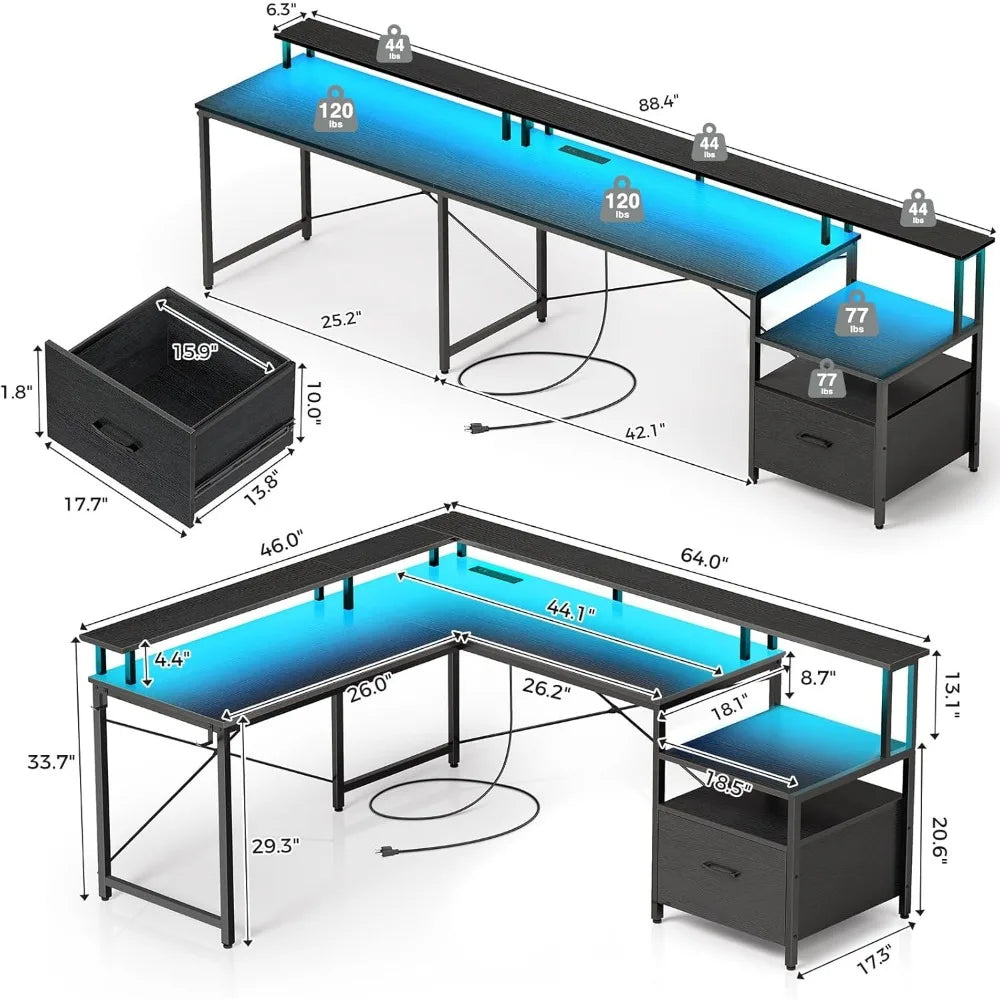 L Shaped Computer Desk with File Drawer Power Outlet LED Strip