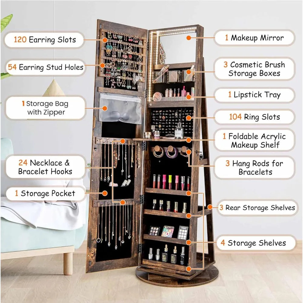 Rotating Lockable Jewelry Cabinet Full Length Mirror Storage Organizer
