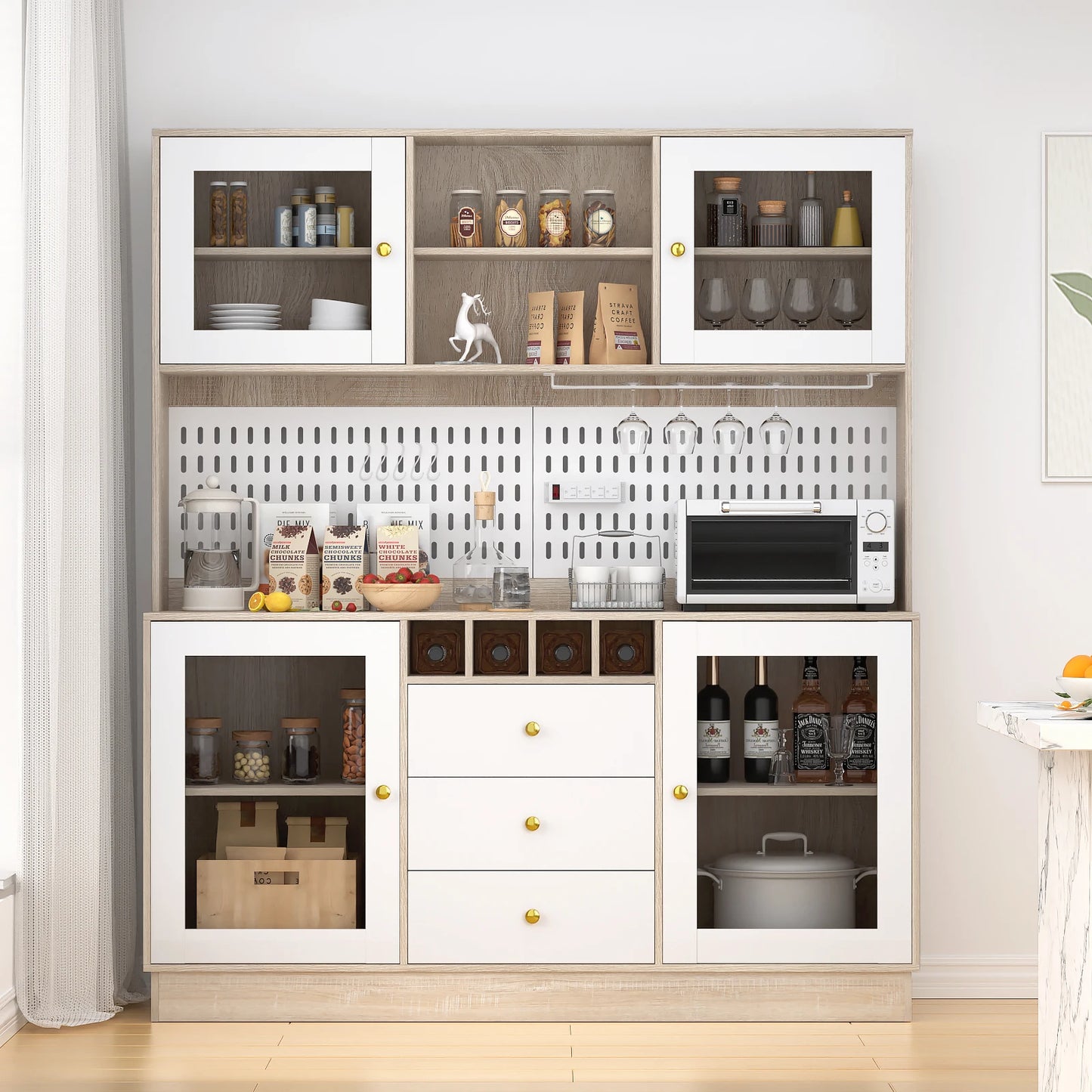 Pantry Cabinet Kitchen Storage Buffet Hutch with Pegboard Cup Holder