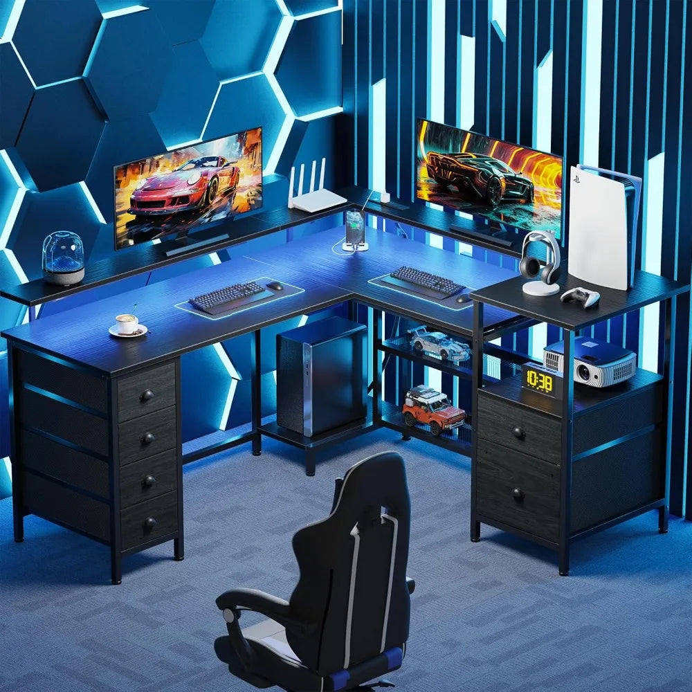 66" L Shaped Gaming Desk with 6 Drawers Power Outlets LED Light