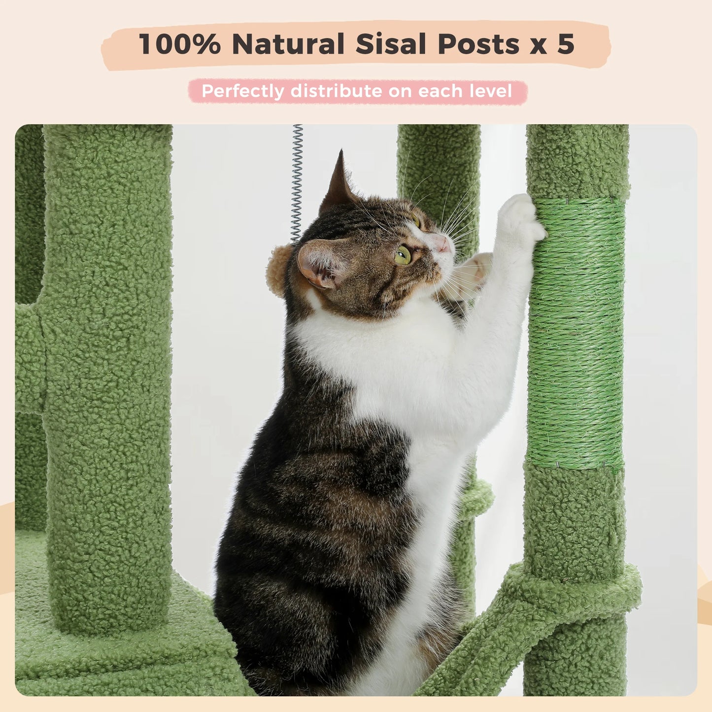Cactus Cat Tree Floor to Ceiling Cat Tower 7 Tiers with Hammocks and Scratching Posts