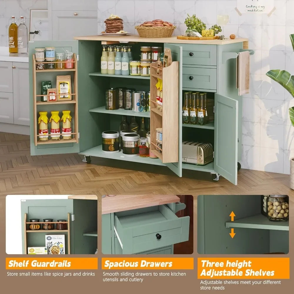Rolling Kitchen Island with Storage Drop-Leaf Bar Countertop Modern Style
