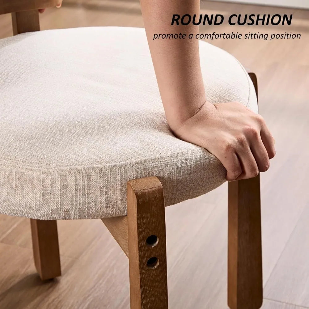 Wood Vanity Chair with Back Linen Upholstered Ottoman Mid-Century Modern