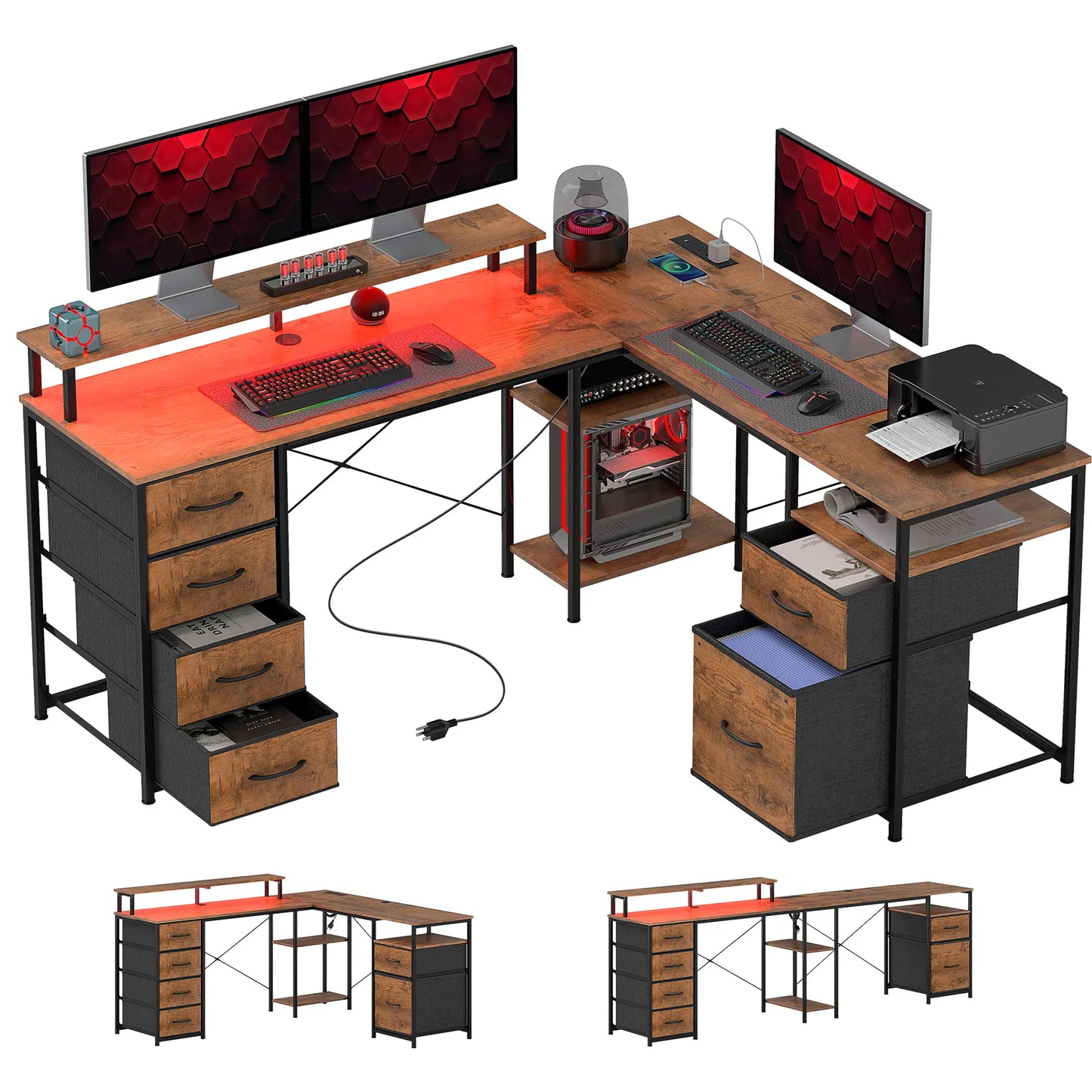 66 Inch Reversible L Shaped Computer Desk with File Drawer and USB Outlets
