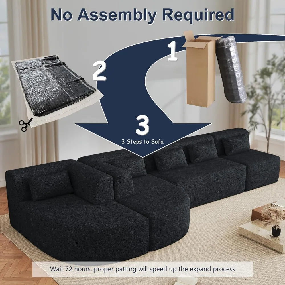 144 Inch Modular Cloud Sectional Sofa Deep Seat with Chaise Lounge and Pillows