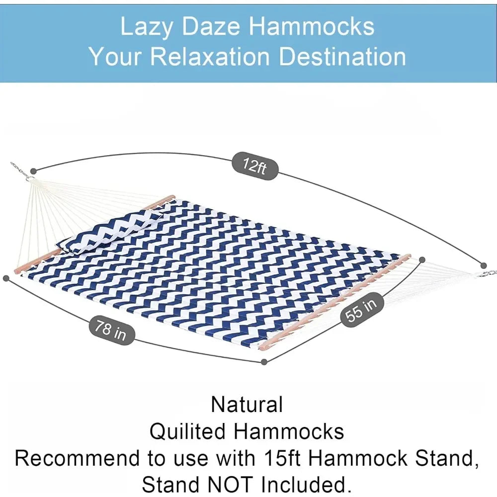 12FT Double Quilted Hammock with Spreader Bars Detachable Pillow