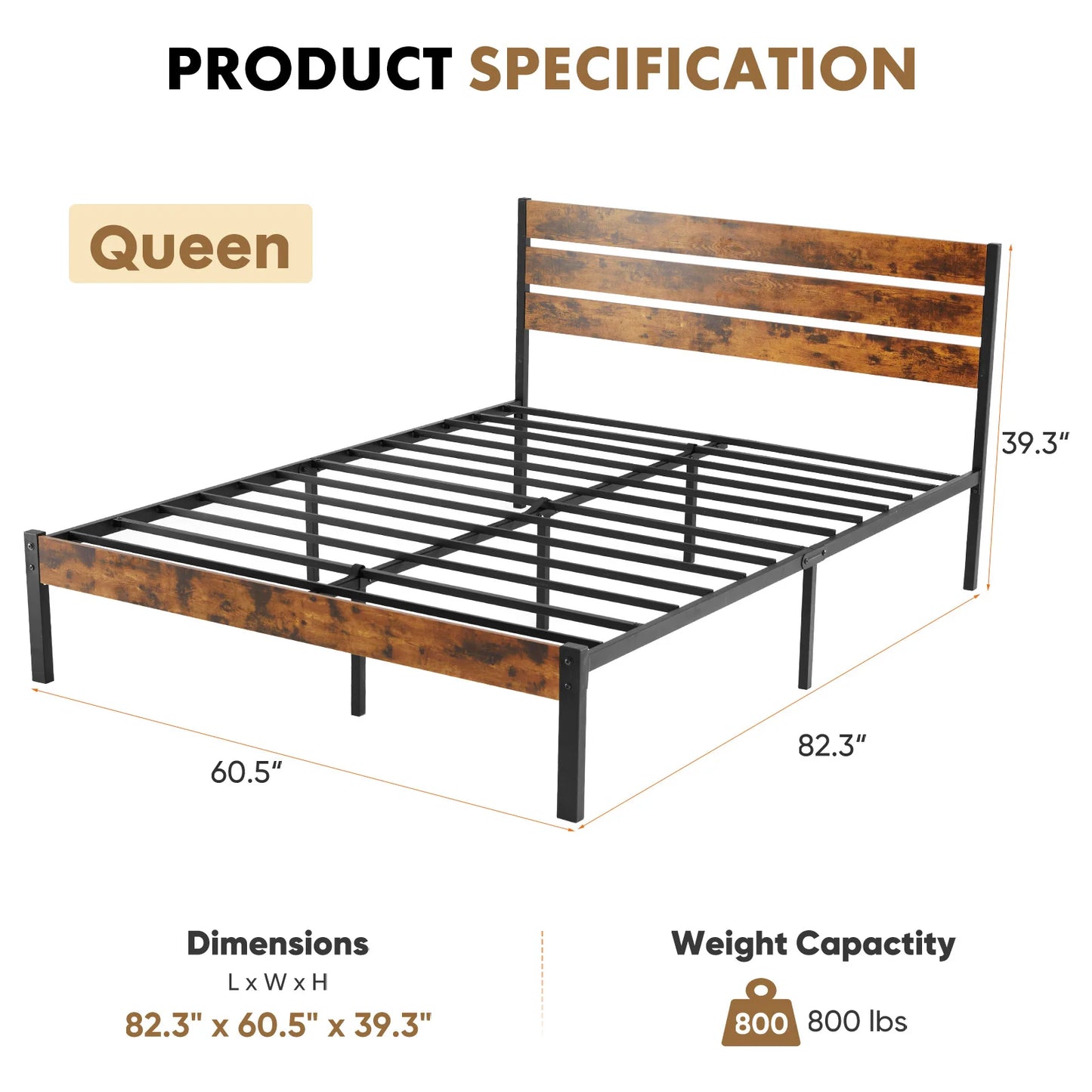 Ljustra Queen Size Metal Platform Bed Frame with Headboard Footboard