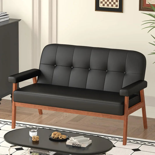 50” Black Faux Leather Mid Century Loveseat – Small 2-Seater Sofa with Wood Arms