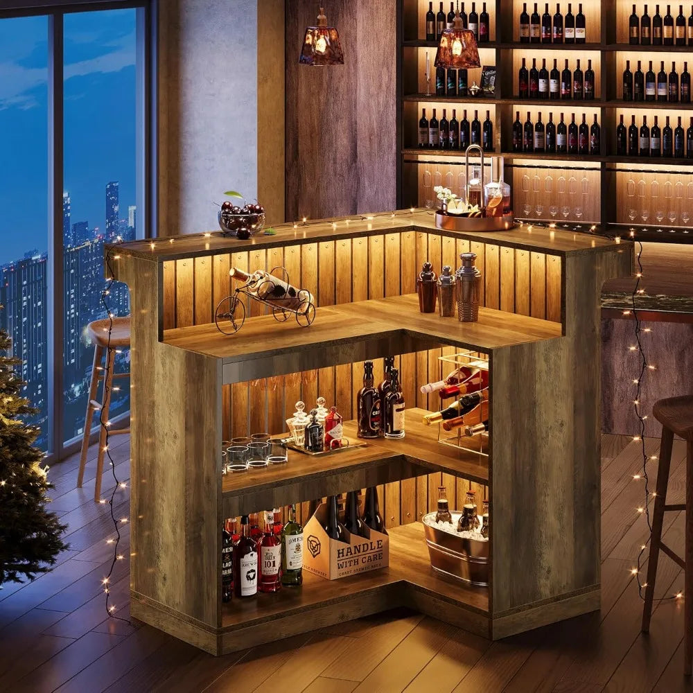 Ljustra L-Shaped Home Bar Unit Corner Liquor Table with Storage Shelves