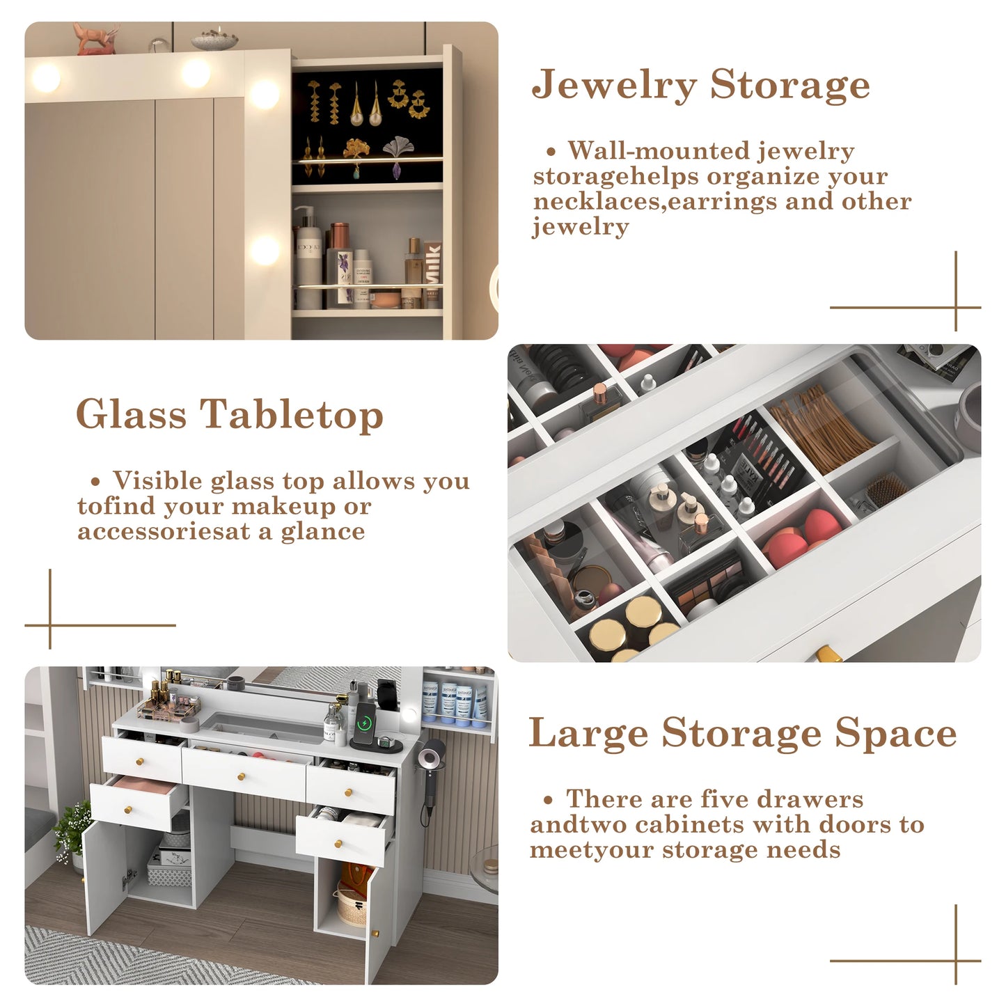 Vanity Desk with Lighted Mirror Charging Station & Storage Set