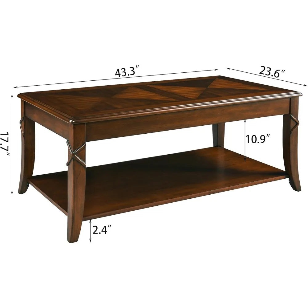 Solid Wood Coffee Table Mid-Century Storage Shelf Living Room Table