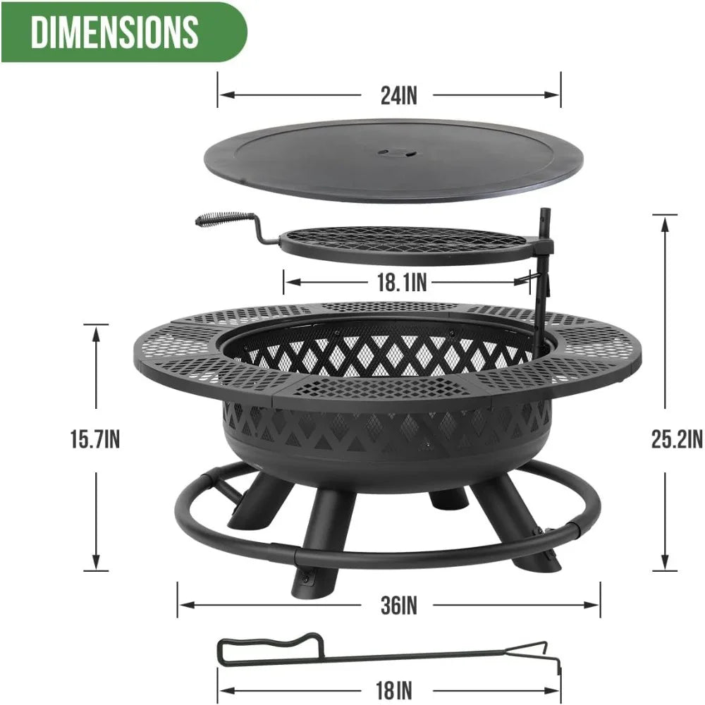 36 Inch Fire Pit with Grill Wood Burning Outdoor Fire Pit Table