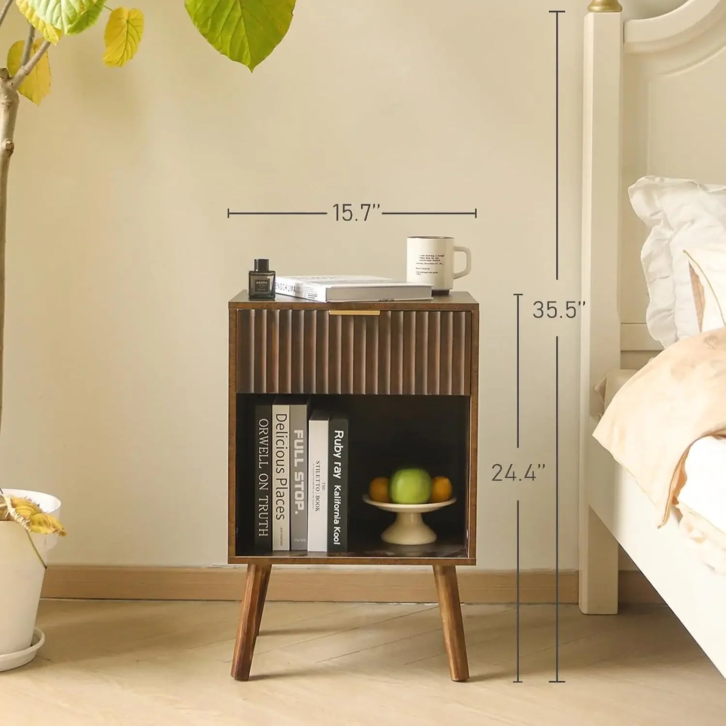 Modern Nightstand Wooden Bedside Table Storage Fluted End Table