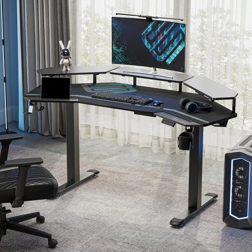 Gaming Desk Adjustable Height Standing Desk 63 Inch Wing Shaped Workstation