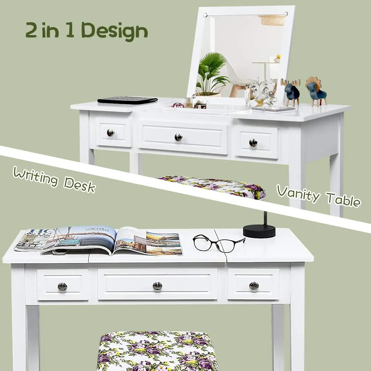 Makeup Vanity Desk with Flip Top Mirror and Cushioned Stool for Girls