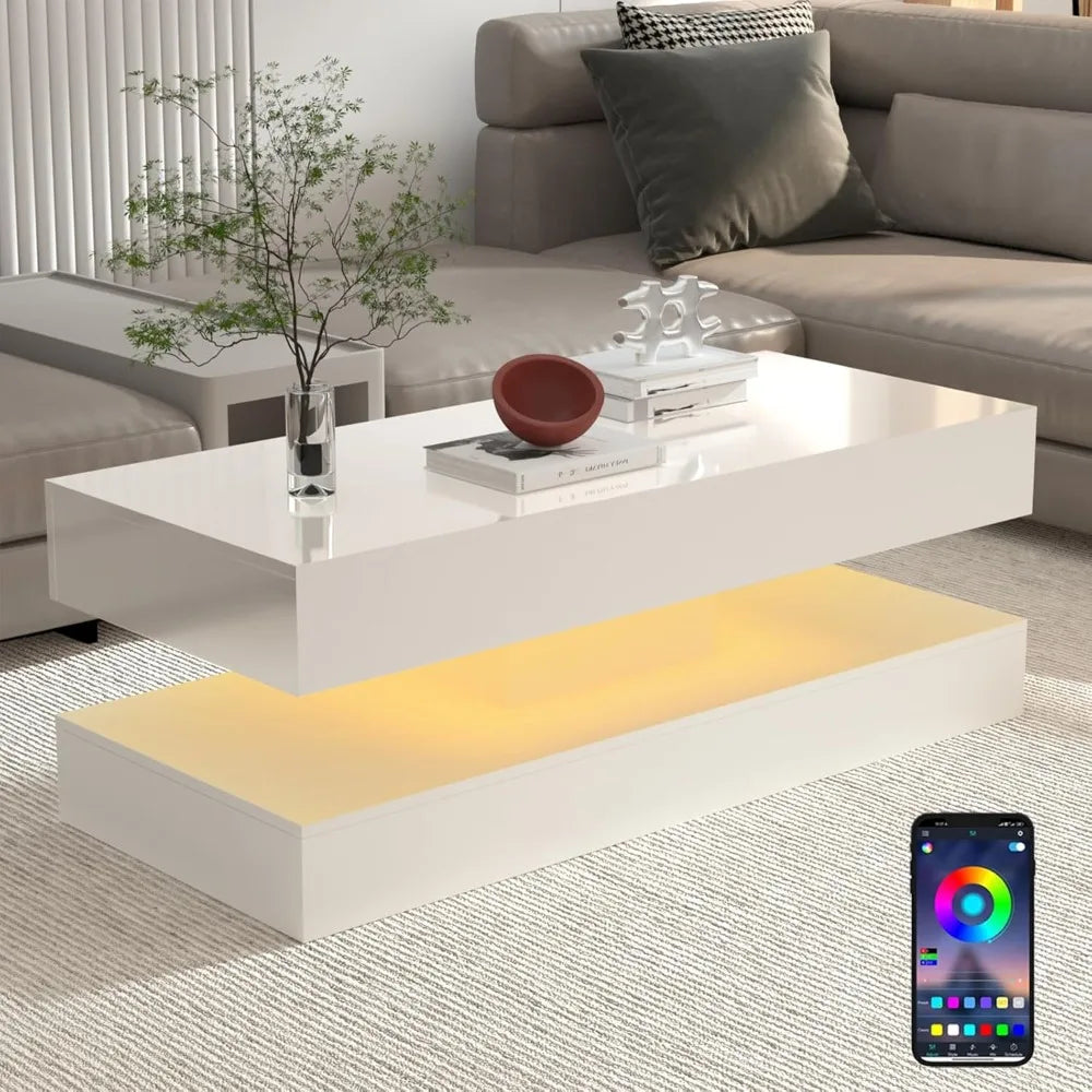 Modern High Gloss LED Coffee Table with Storage for Living Room