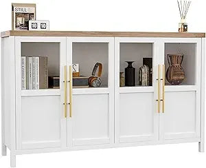 Large Sideboard Buffet Cabinet with 4 Glass Doors Modern Storage