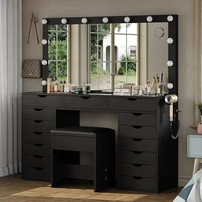 Vanity Desk with Mirror and Lights Makeup Table Charging Station 15 Drawers
