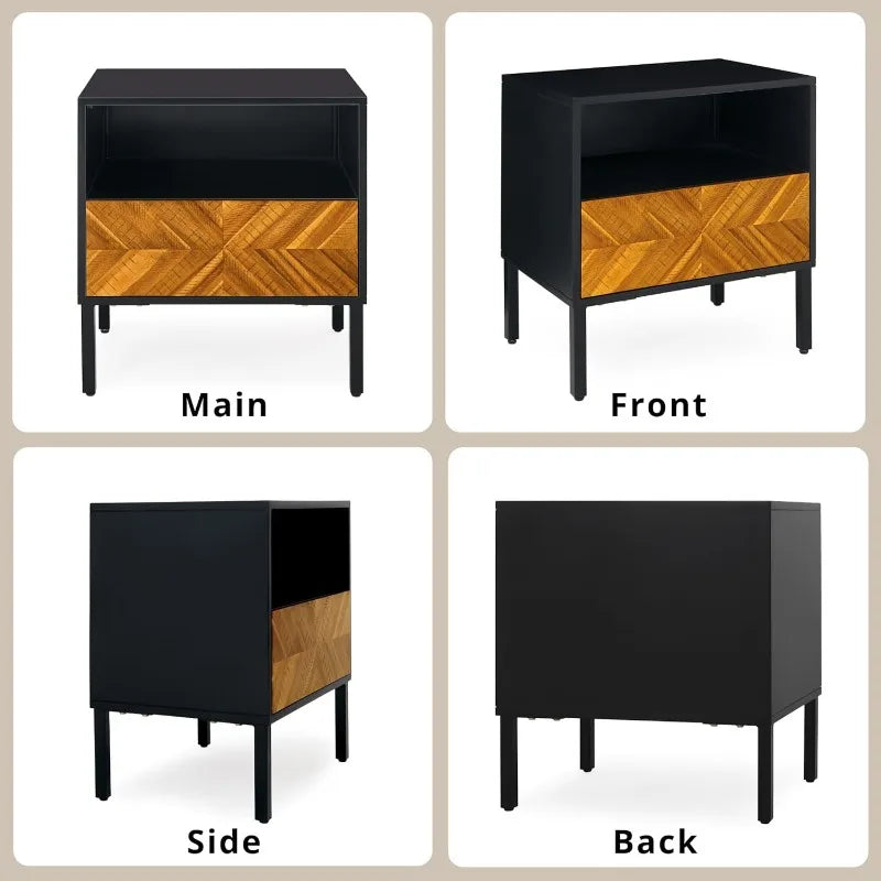 Vivian Solid Wood Nightstand Herringbone Pattern Rustic Bedroom Furniture