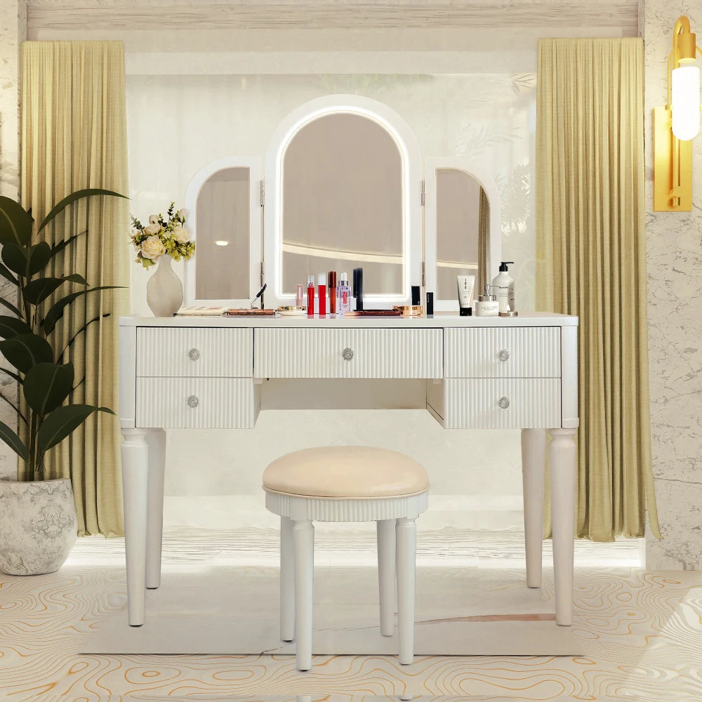Luxury Mirrored Vanity Desk Set with Stool and Drawer Storage for Bedroom