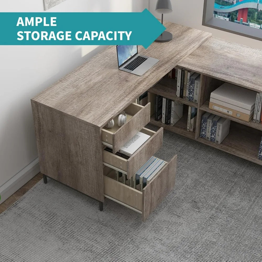 Home Office Corner Desk L Shaped Writing Desk with 3 Drawers and 4 Shelves