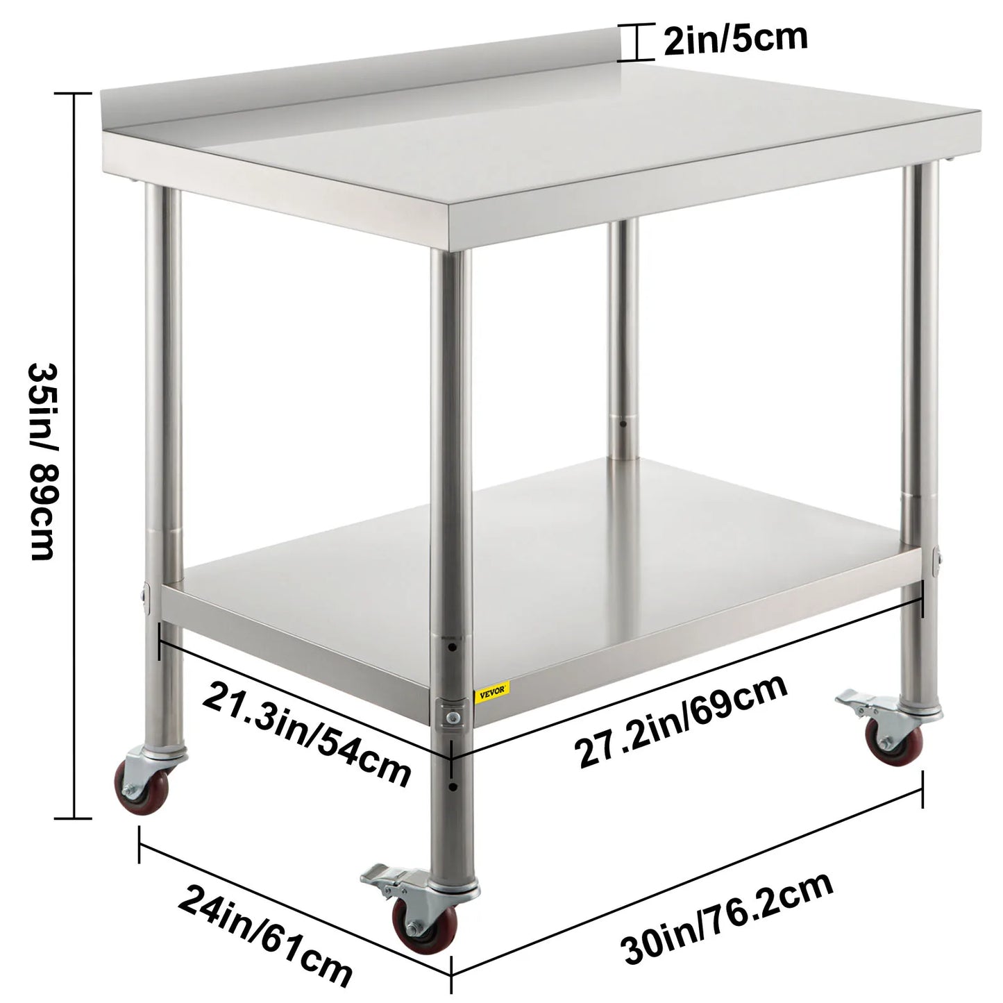 Heavy Duty Stainless Steel Kitchen Prep Table with Backsplash and Casters
