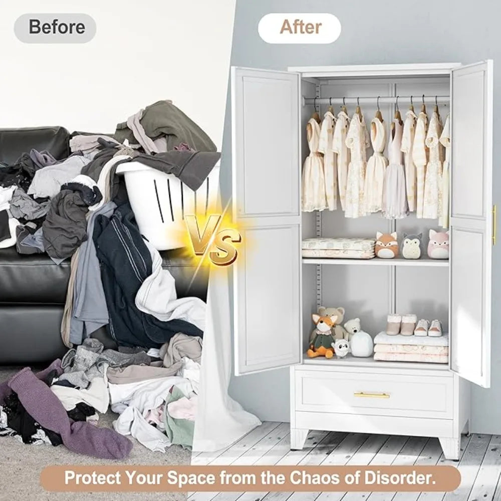 2 Doors Wardrobe, 71'' Metal Wardrobes Closet with Drawers and Hanging Rod, Metal Closet with Adjustable Shelves for Bedroom