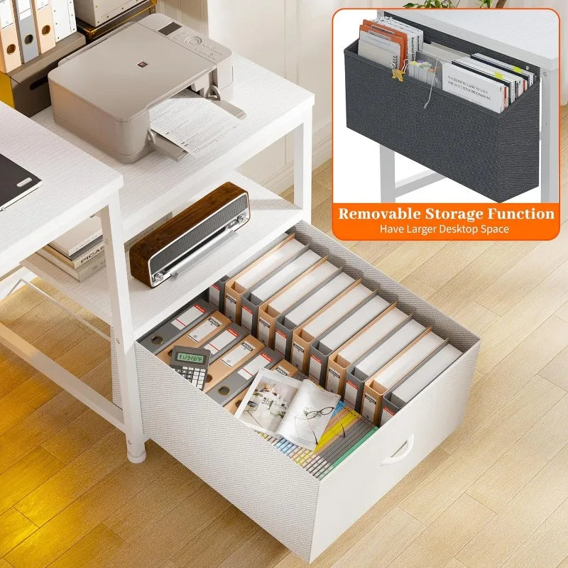 Ljustra 57" White Desk with Power Outlets Storage Shelves Monitor Stand