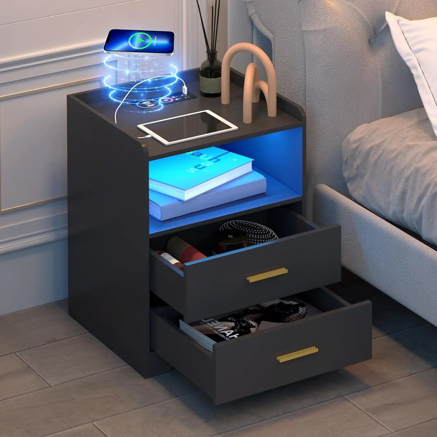 LED Nightstand with Charging Station Modern RGB Bedside Table