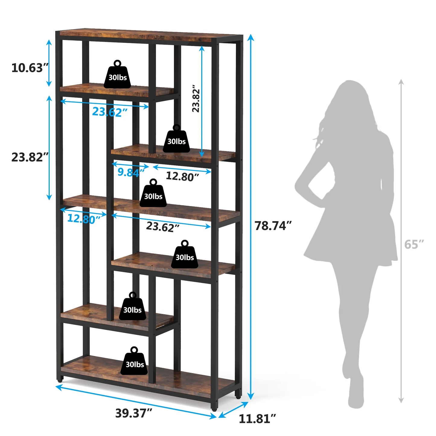 Ljustra Modern 8-Tier Staggered Bookcase Wide Wood Etagere Shelving Unit