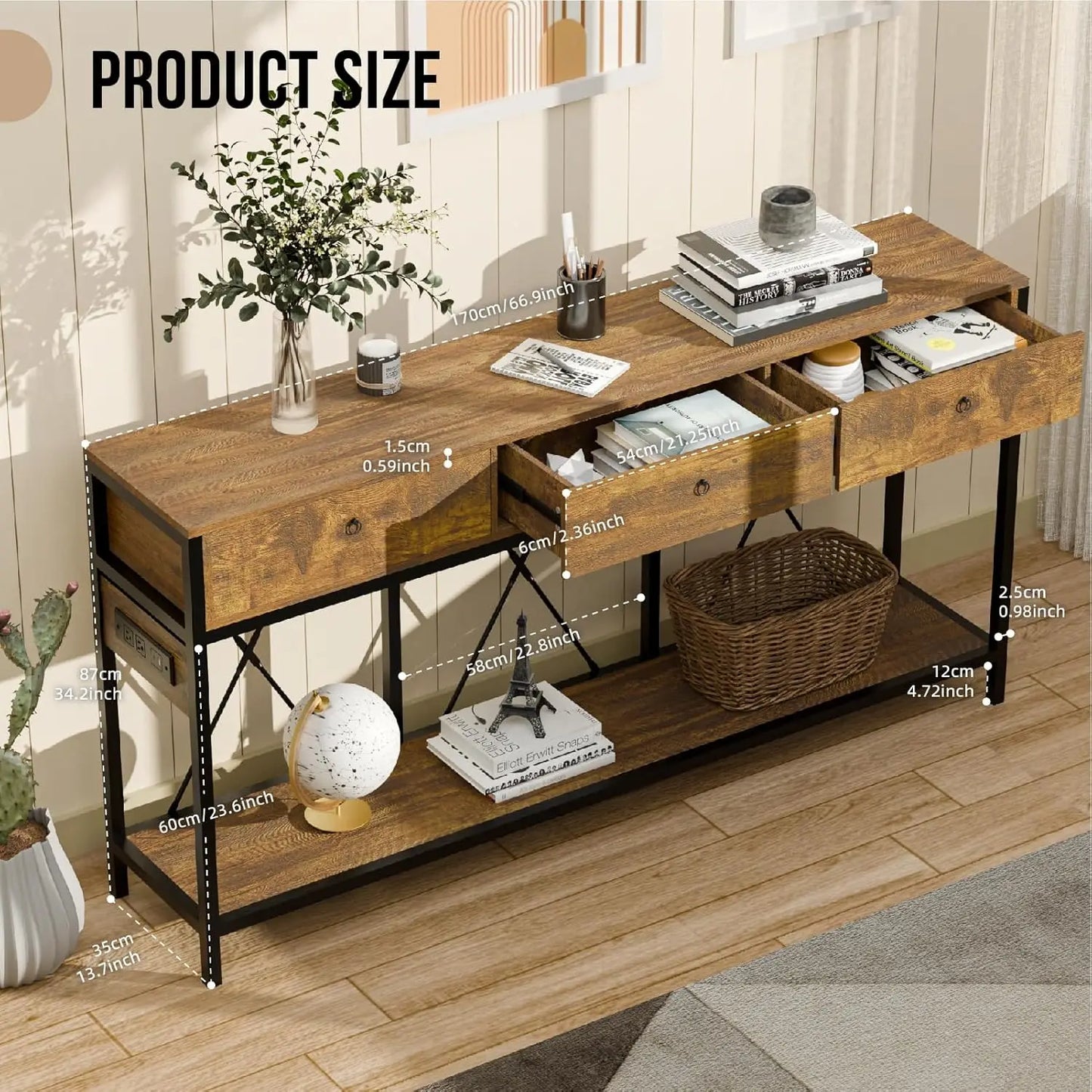 Redlife 67 Entryway Table with Charging Station Console Table for Living Room