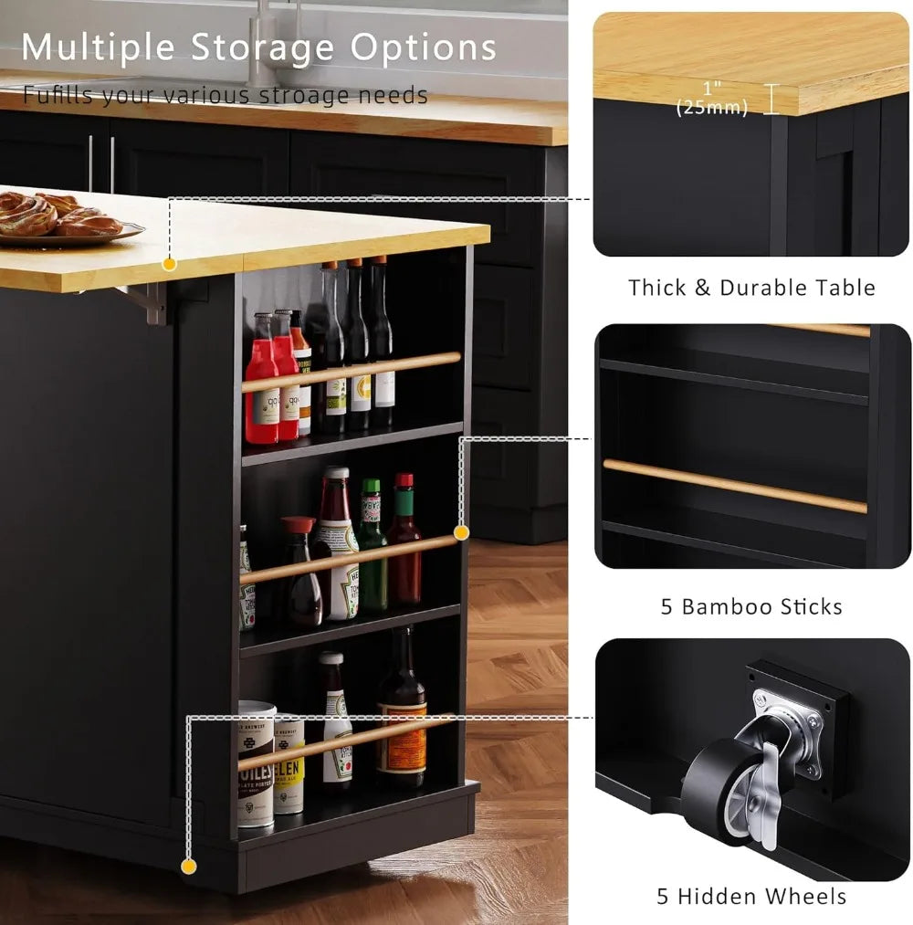 Large Kitchen Island Cart with Storage and Power Outlet on Wheels