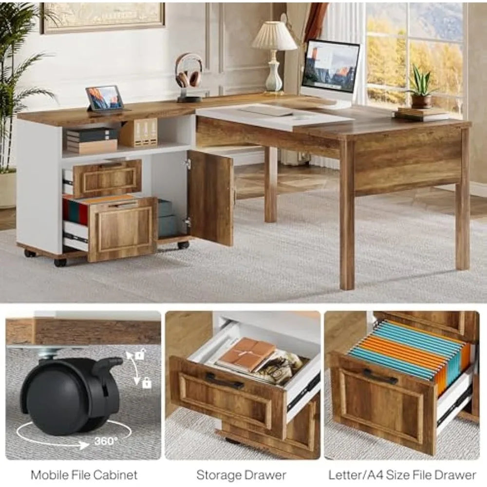 L-Shaped Executive Desk with File Cabinet Home Office Computer Desk