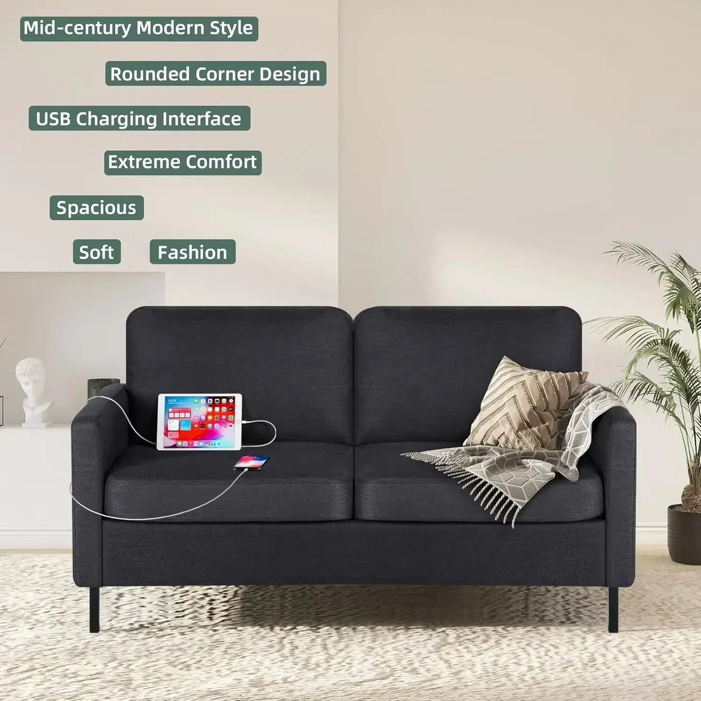 Ljustra 56" Loveseat Sofa with USB Ports Modern Small Couch