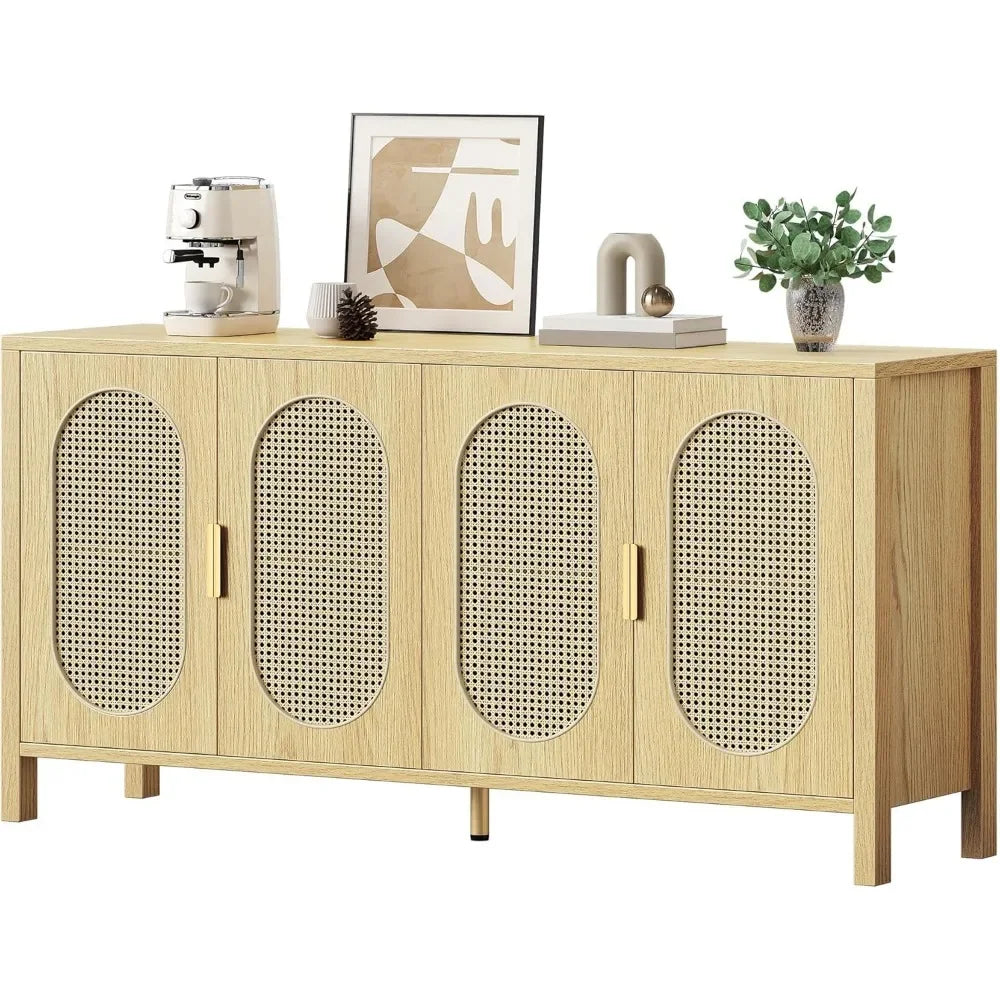 63 Inch Buffet Sideboard Cabinet Storage Rattan 4 Doors Adjustable Shelves